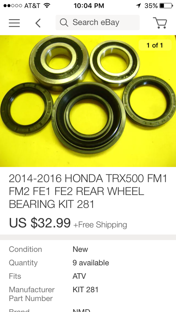 All Balls Rear Wheel Bearing Kit for Honda TRX500FM Solid Axle 2014-2016