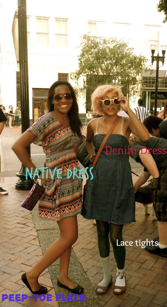 Model left has native dress and flats, model to the right vintage/retro inspired outfit