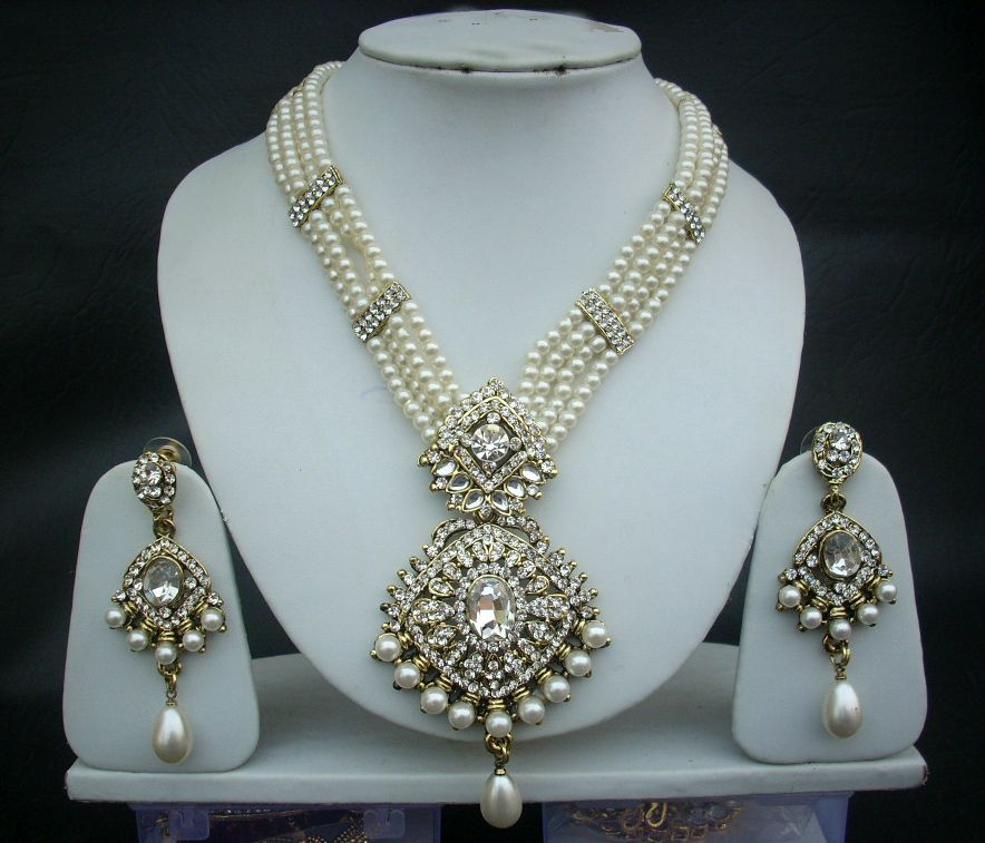 Necklace Earrings Indian Jewelry Fashion Bollywood Pearl Cz Pendant ...